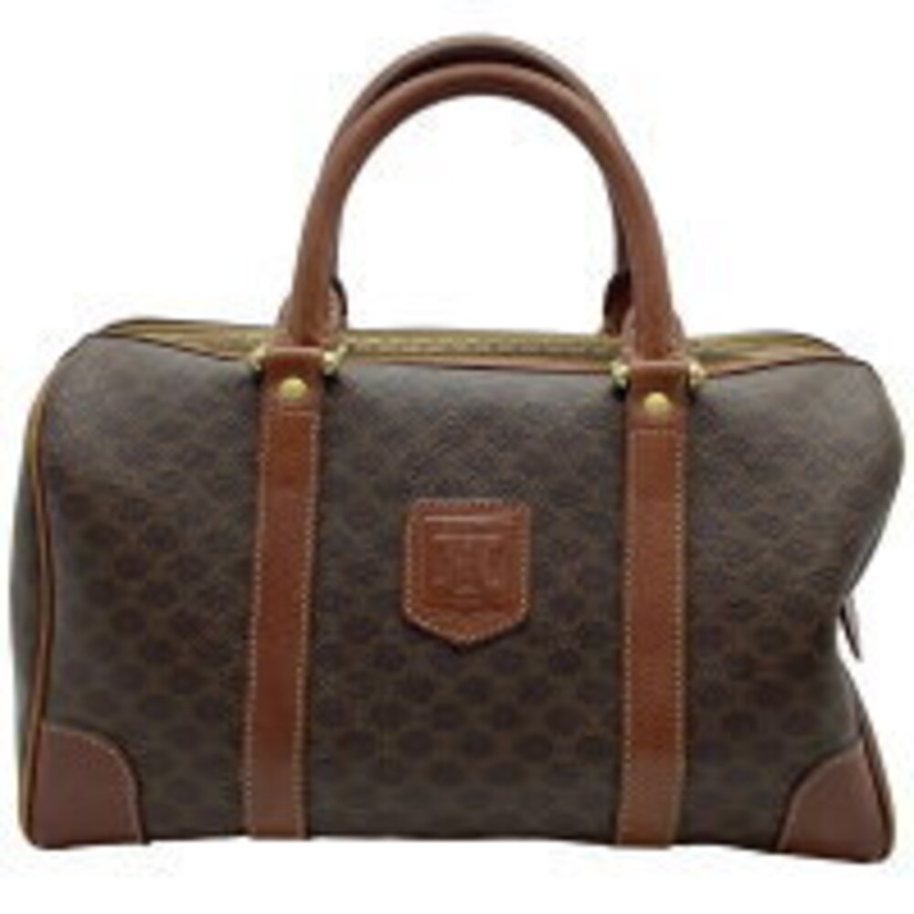 CELINE Boston Bag Macadam Handbag Leather Canvas Dark Brown